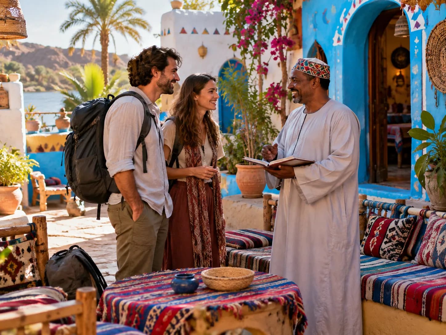 The host greeting guests at a colourful Nubian guesthouse above the Nile