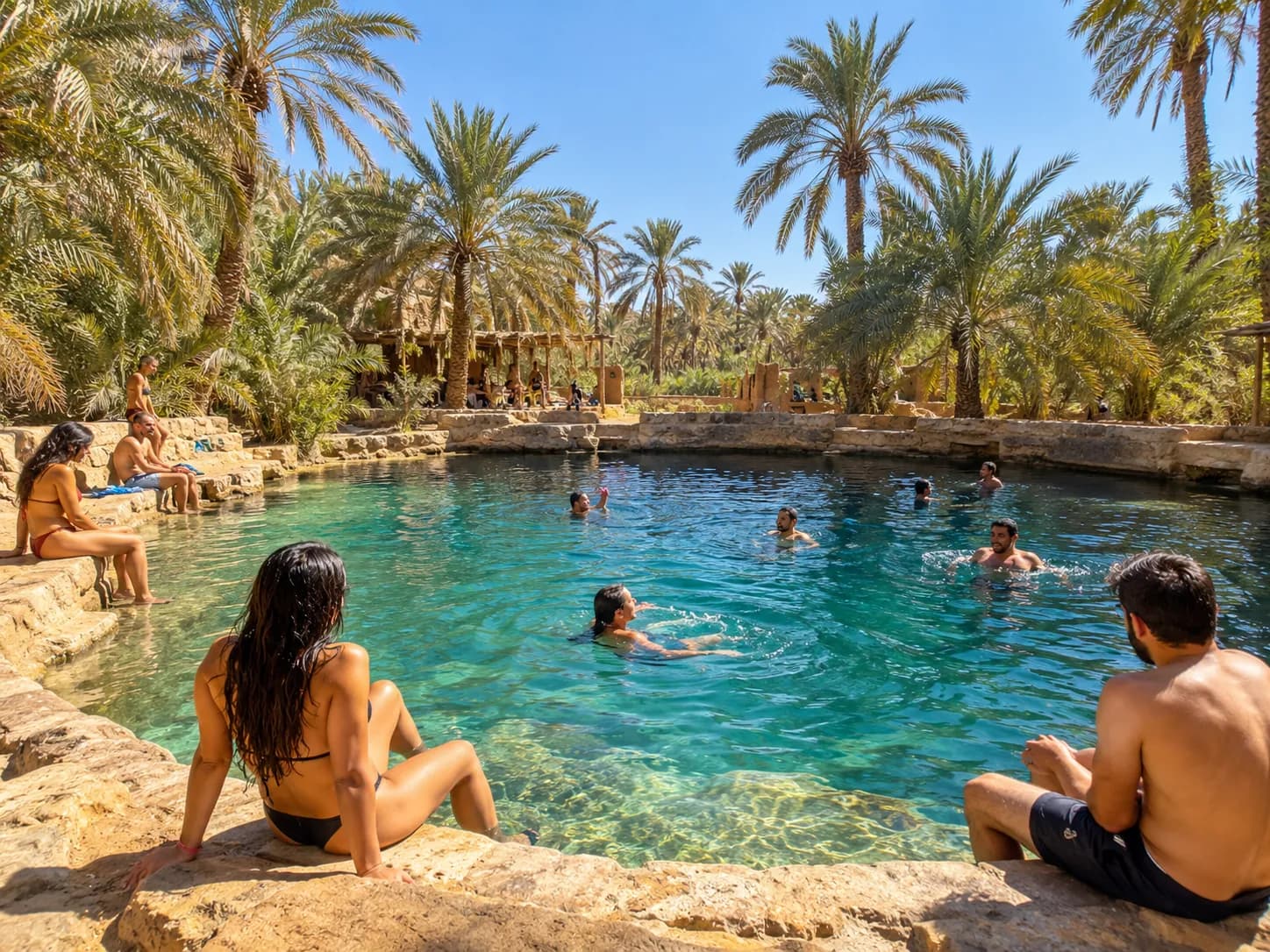 Swimming in a clear hot-spring pool among palm trees