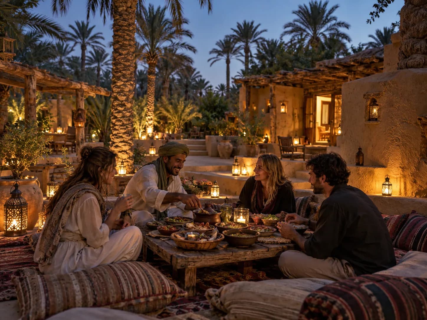 Dinner on cushions at the eco-lodge, lit by lanterns