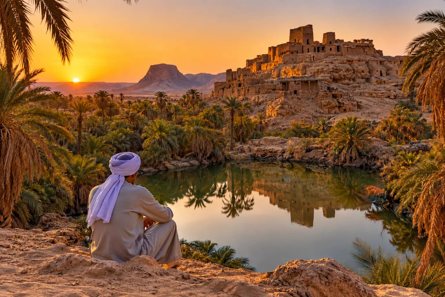 An oasis pool at sunset below the ruins of an old mud-brick town