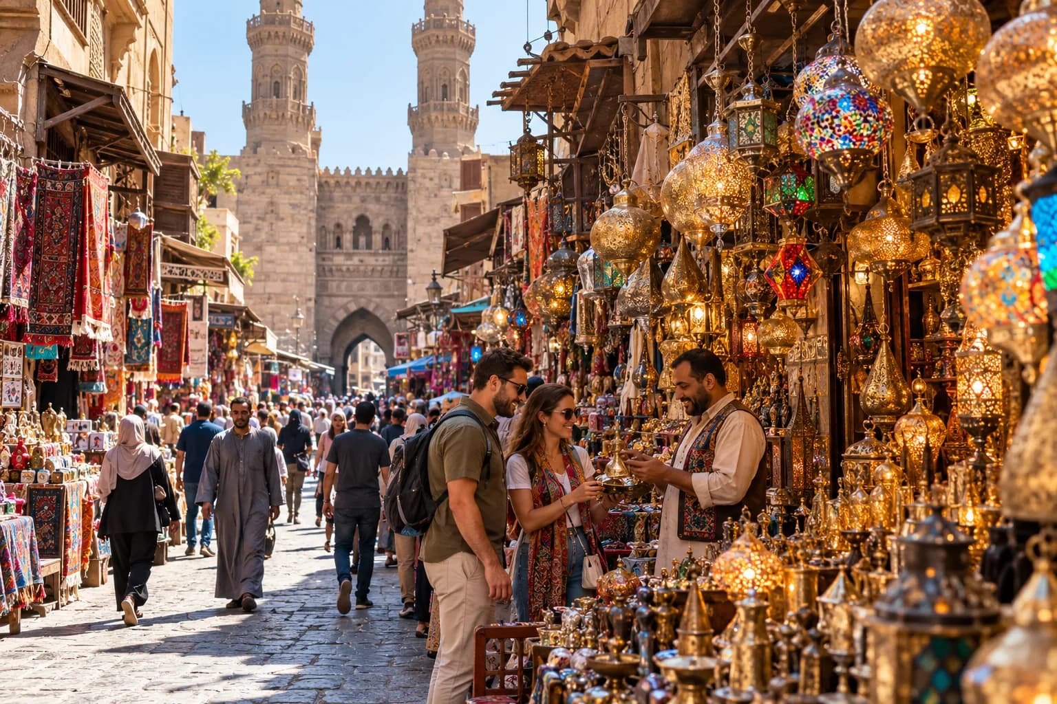 A lantern seller talking with two travellers in a busy souq lane, a twin-minaret gate behind