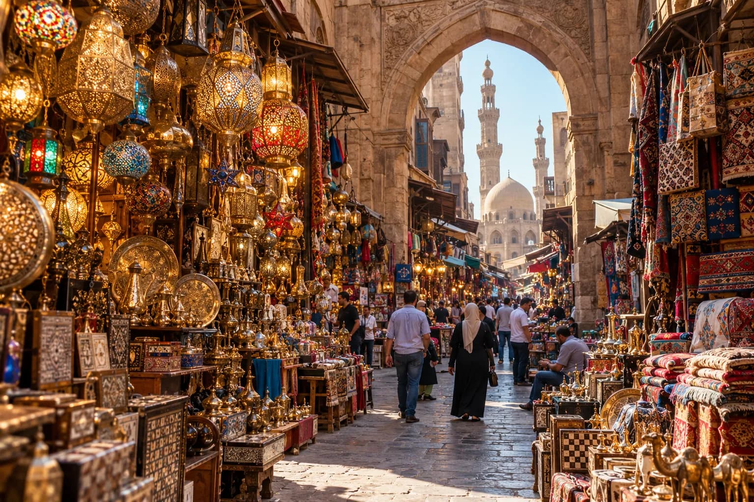 Glowing lanterns and brassware stacked under stone arches in the bazaar