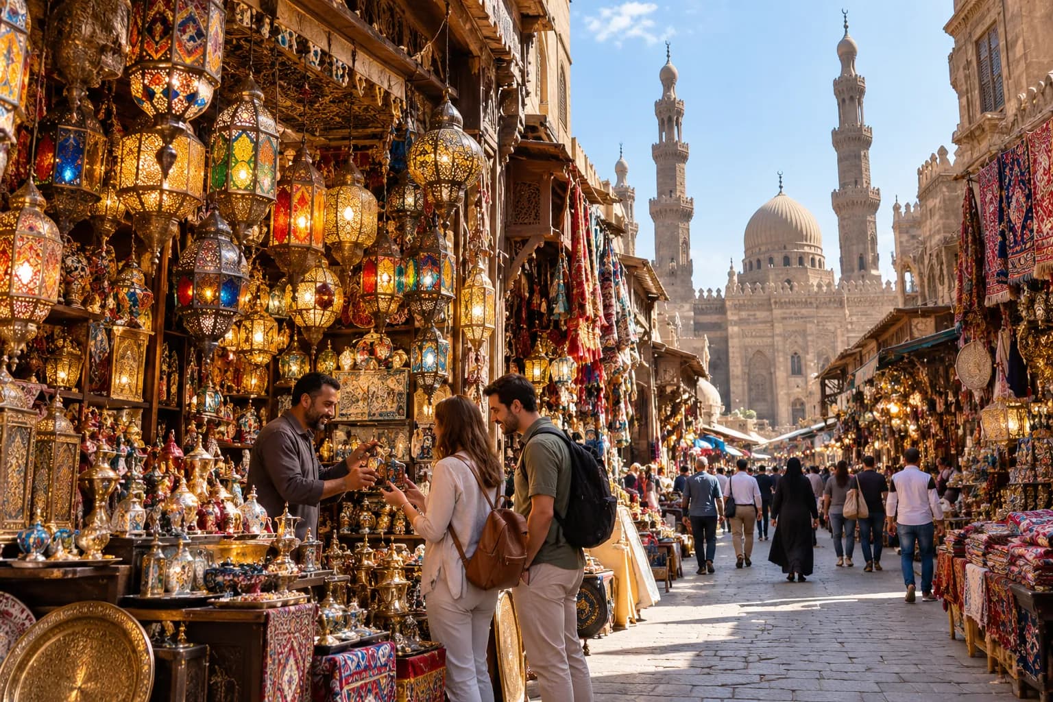 Two travellers choosing a lantern at a stall, the twin minarets of the old city gate ahead