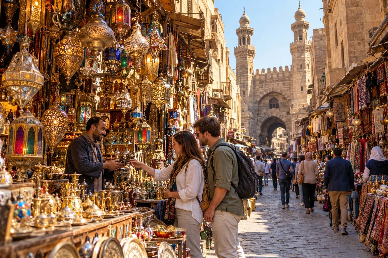 Two travellers talking with a shopkeeper among brass lanterns, under a stone arch