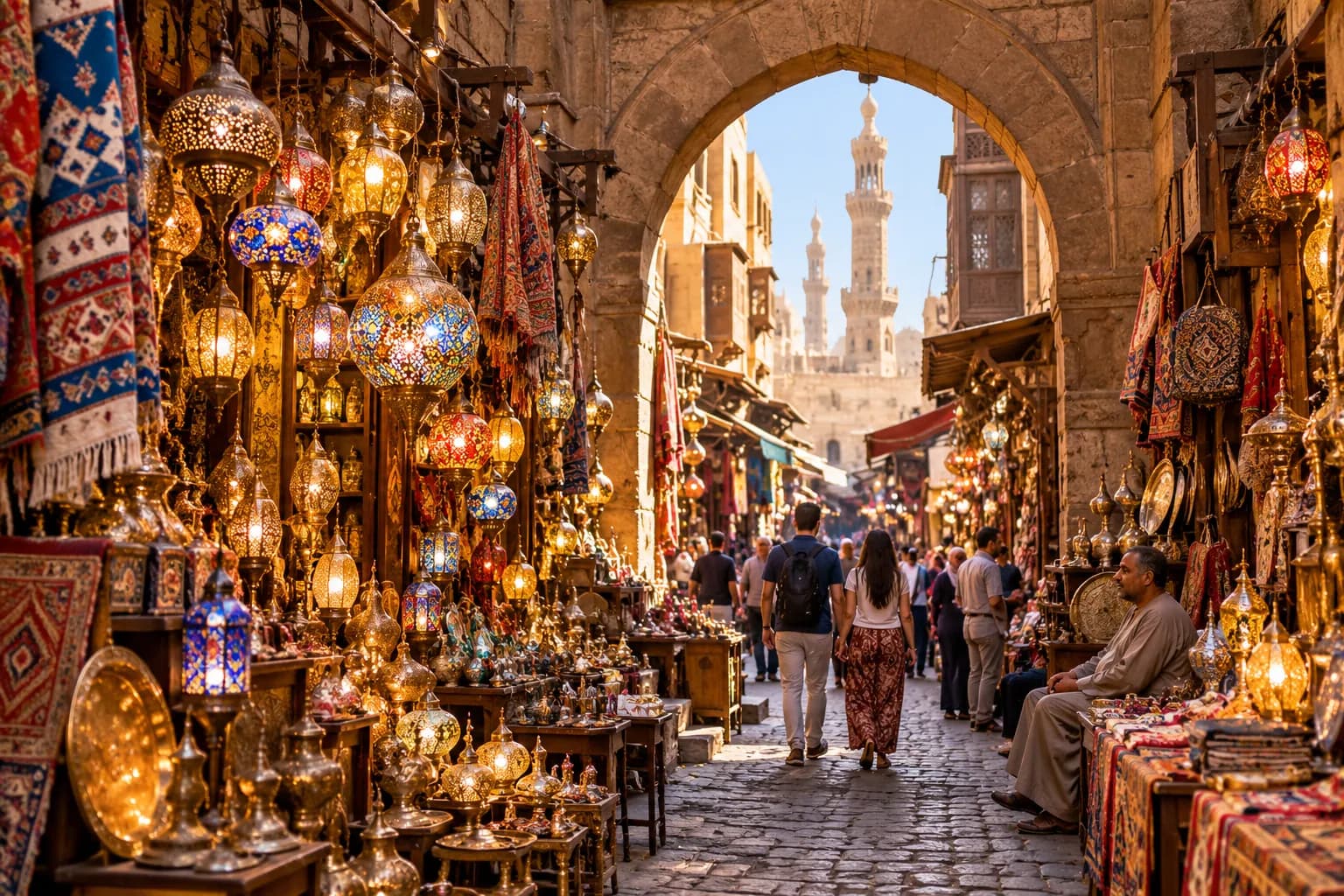 A lane of lantern shops with minarets rising beyond the rooftops