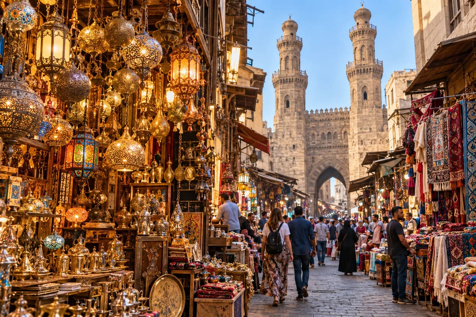 Rugs and lanterns lining a crowded street beneath the gate’s twin minarets