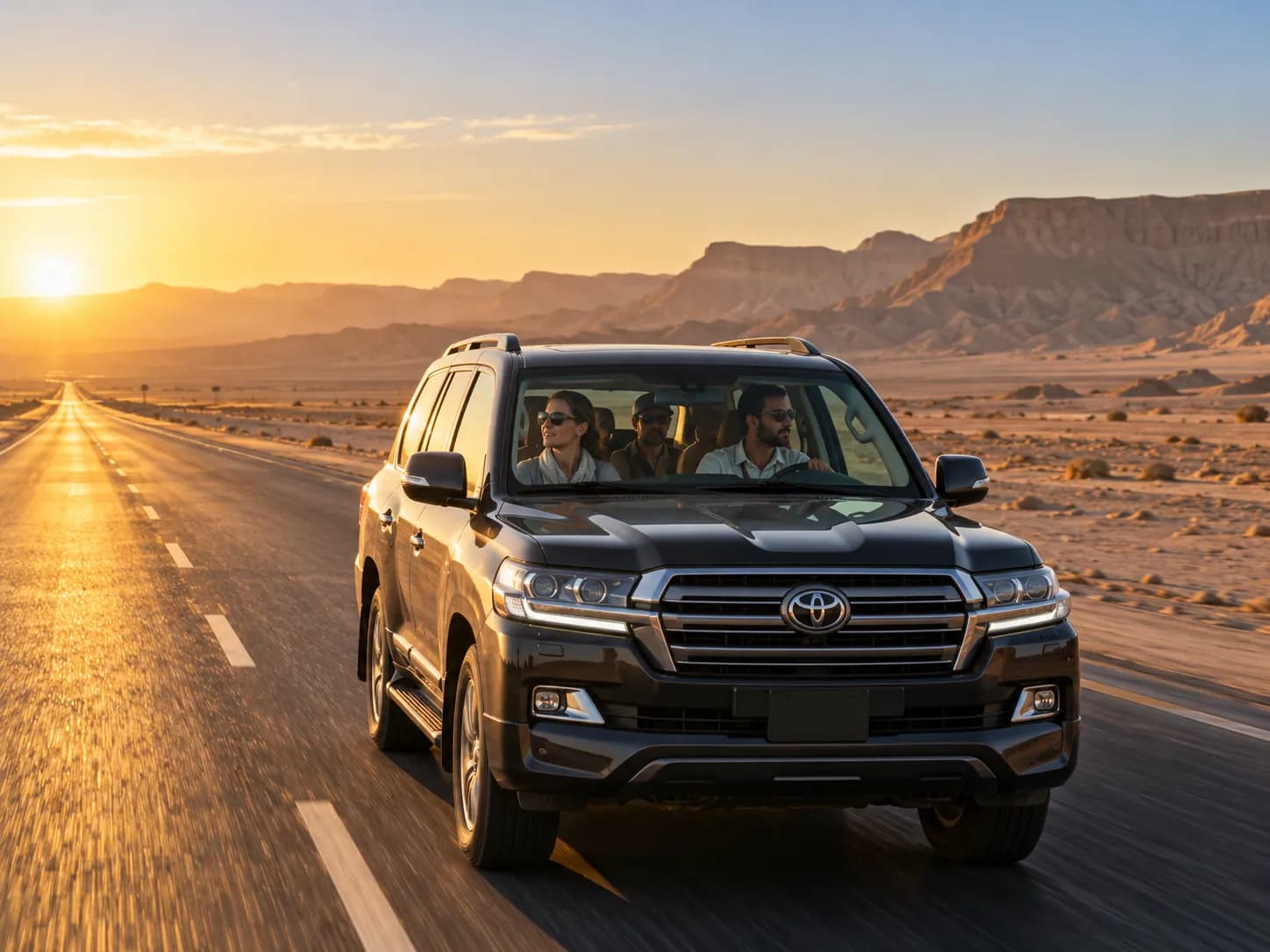 The 4×4 on an empty desert highway at sunrise