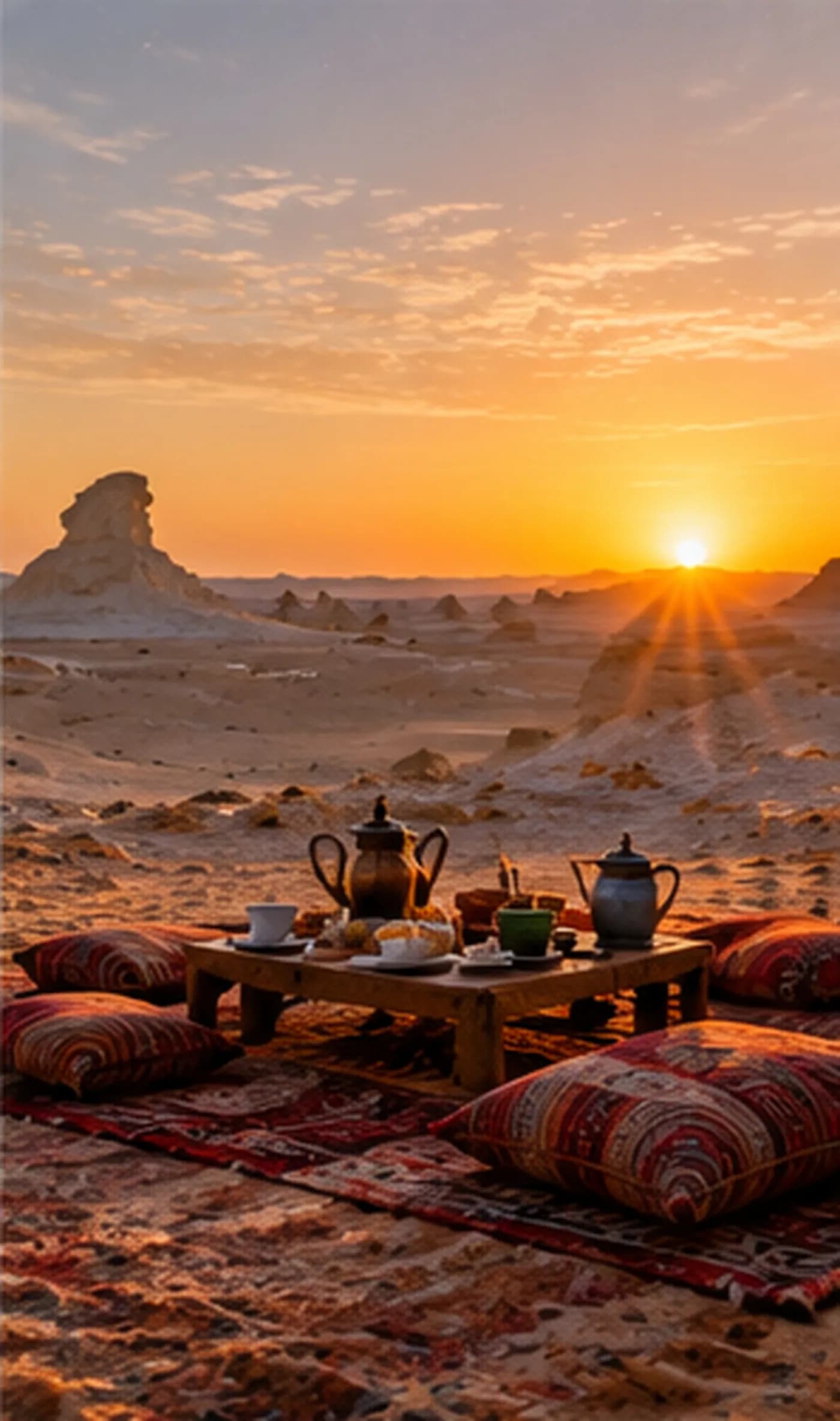 Breakfast laid out on rugs at sunrise in the White Desert
