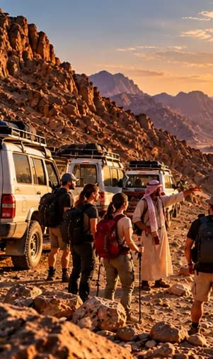 4×4s parked on a rocky track in the Red Sea mountains