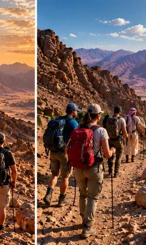Hikers with daypacks on a mountain trail in the Eastern Desert