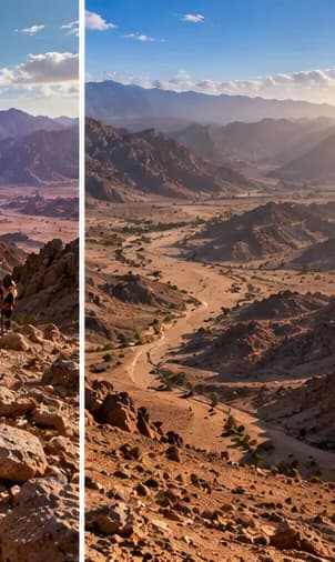 A dry wadi winding between the Eastern Desert mountains