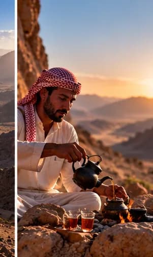 A Bedouin guide pouring tea on a mountain ledge