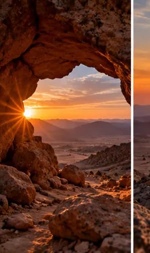 Sunset through a rock arch in the Eastern Desert