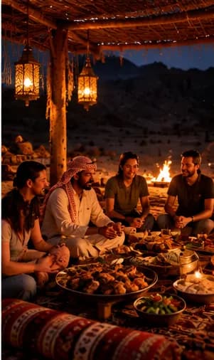 Dinner by lantern light at a mountain camp