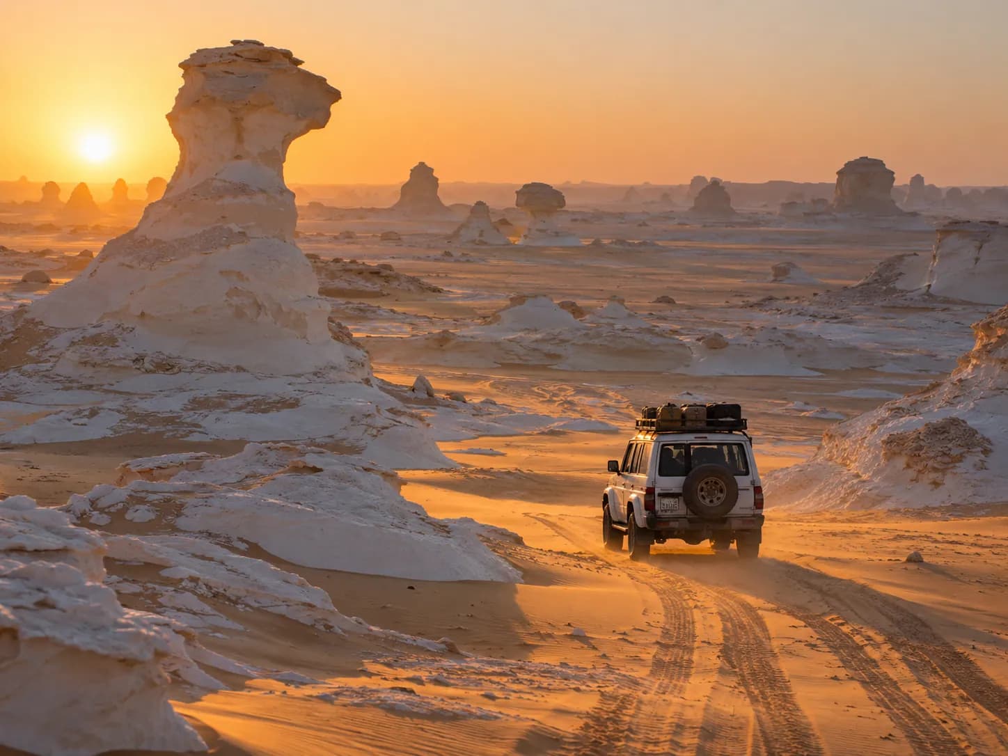 A 4×4 driving past chalk formations in the White Desert at golden hour