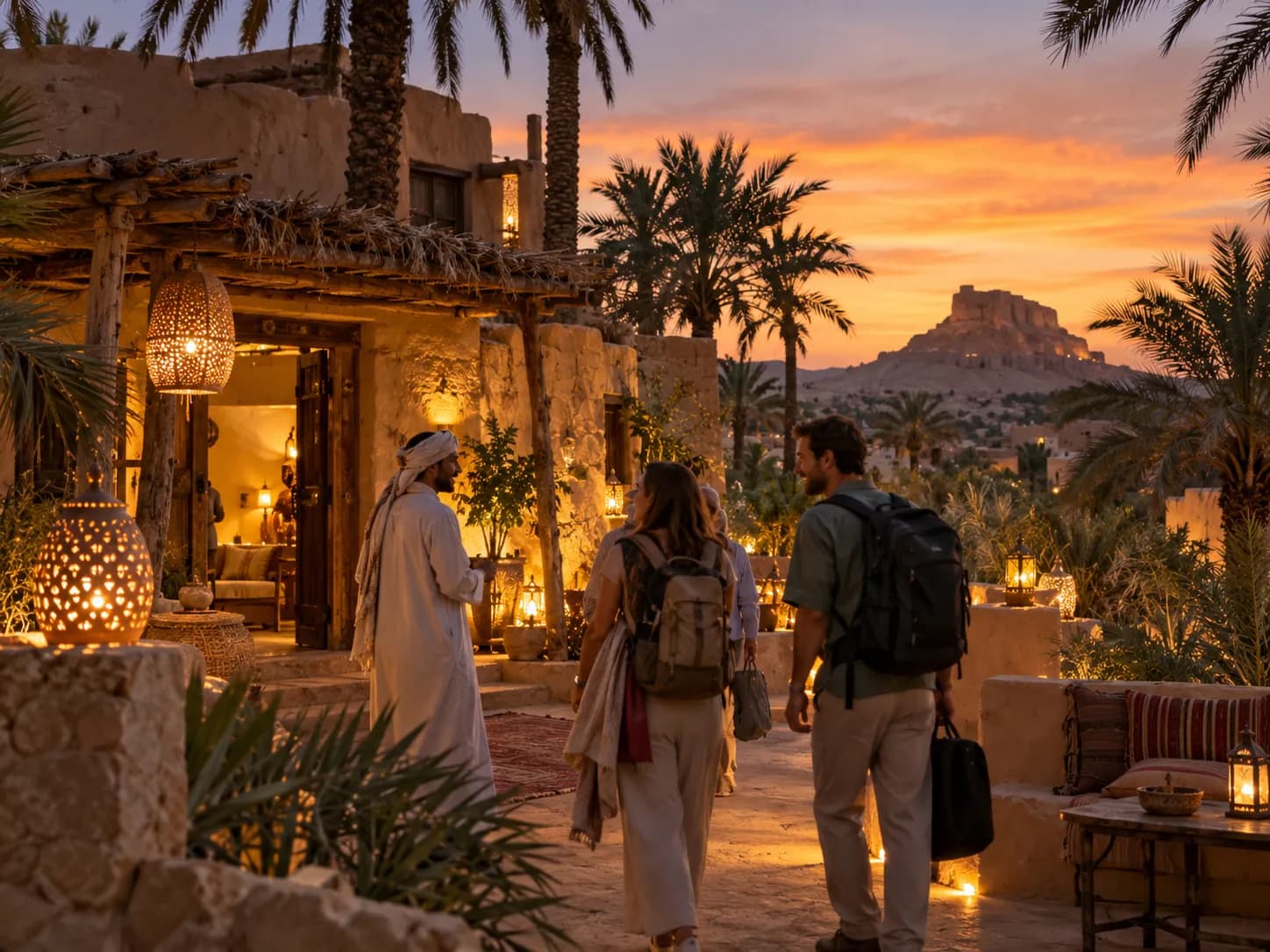 Arriving at a lantern-lit guesthouse in Farafra