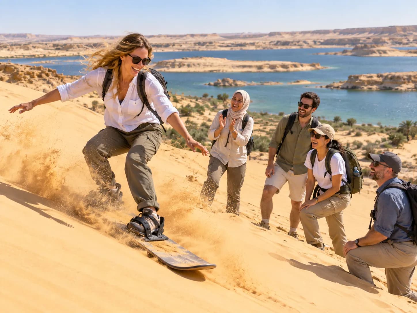 Sand-boarding down a dune above the Wadi El Rayan lakes
