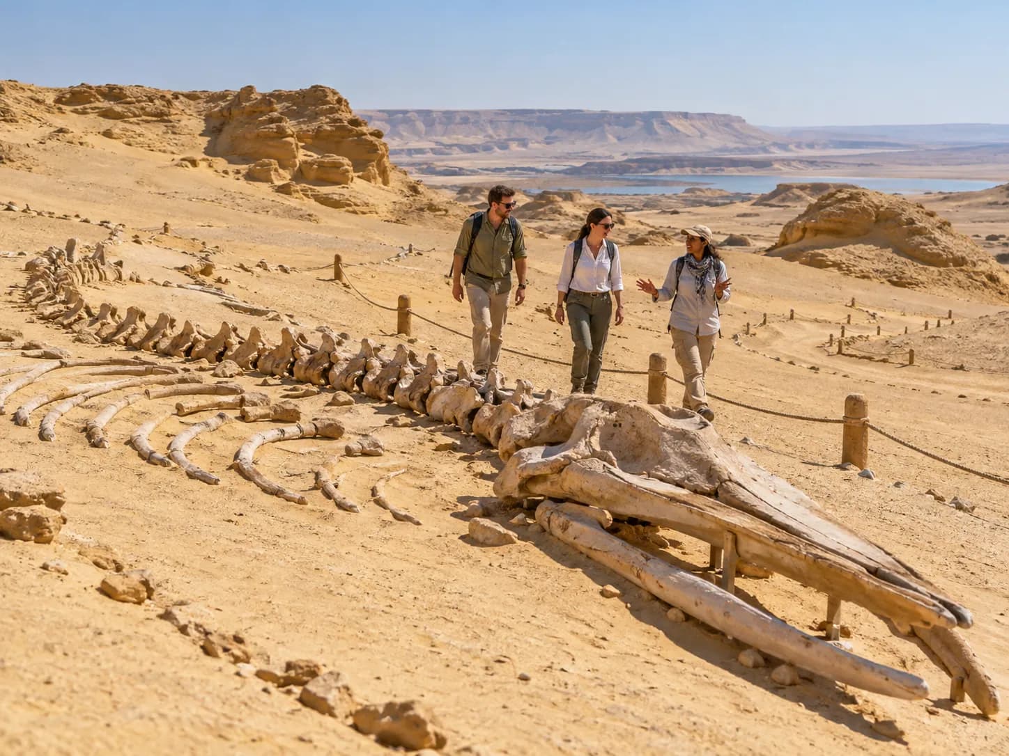 Walking the Wadi Hitan trail past a fossil whale skeleton