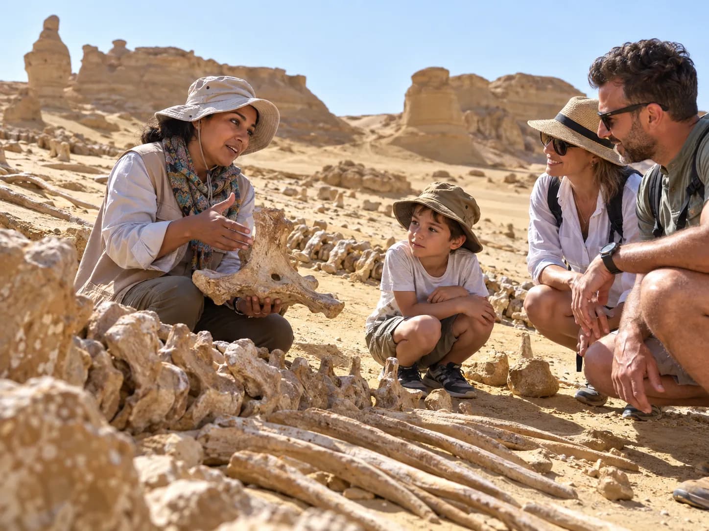 A family looking closely at whale fossils in Wadi Hitan