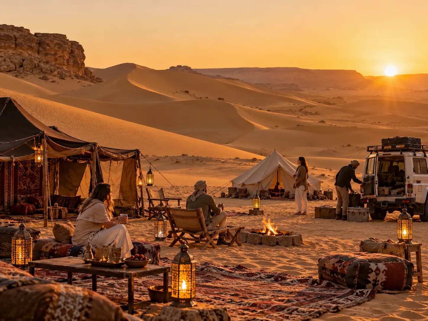 A private camp in the dunes at sunset, lanterns lit