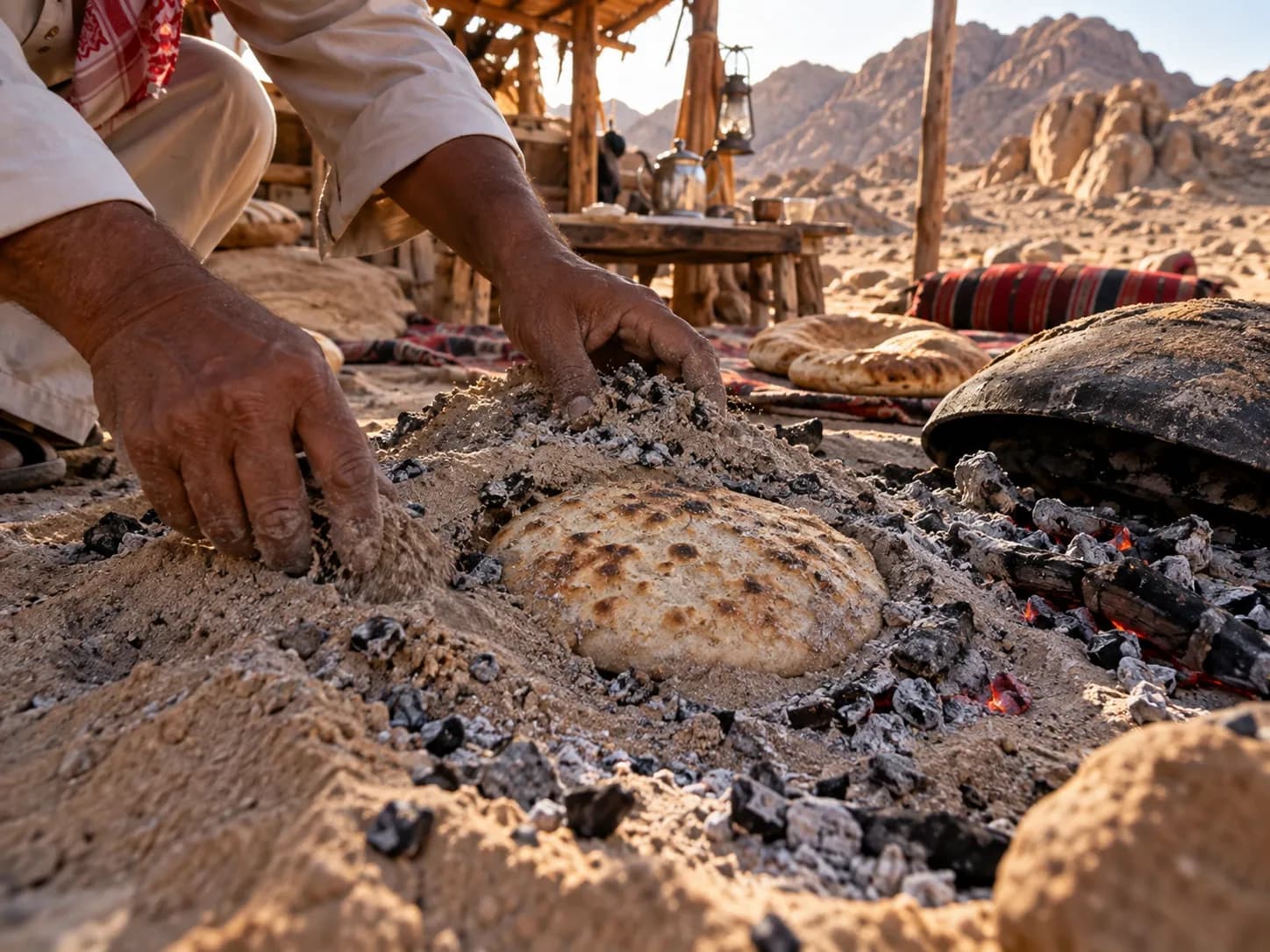 Bedouin bread baking in the hot sand and embers