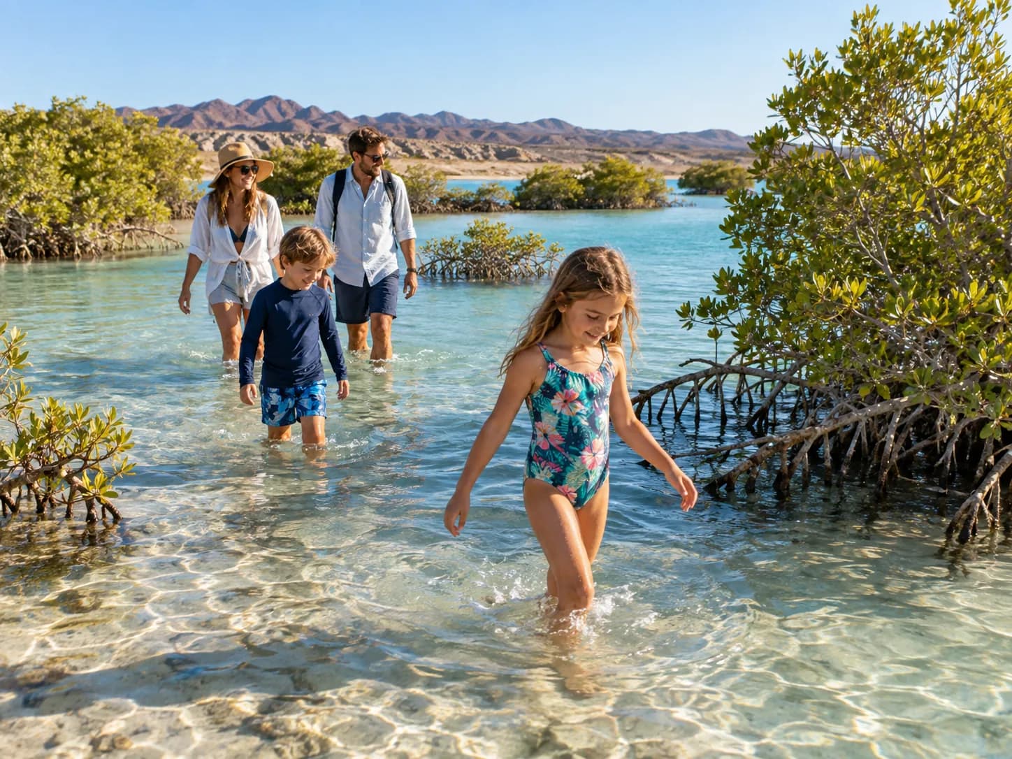 A family wading among the Qulaan mangroves