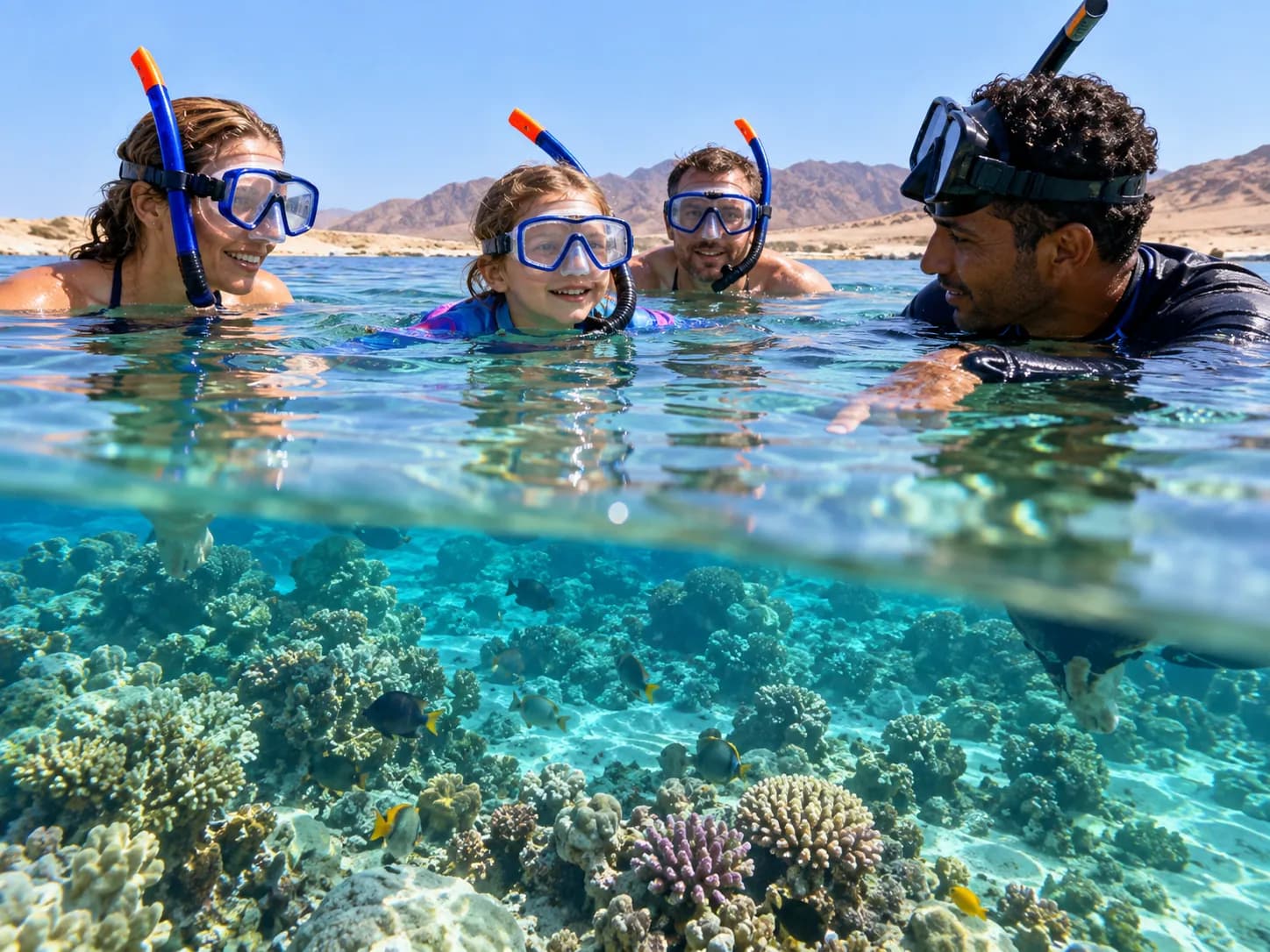 A family snorkelling together in clear water