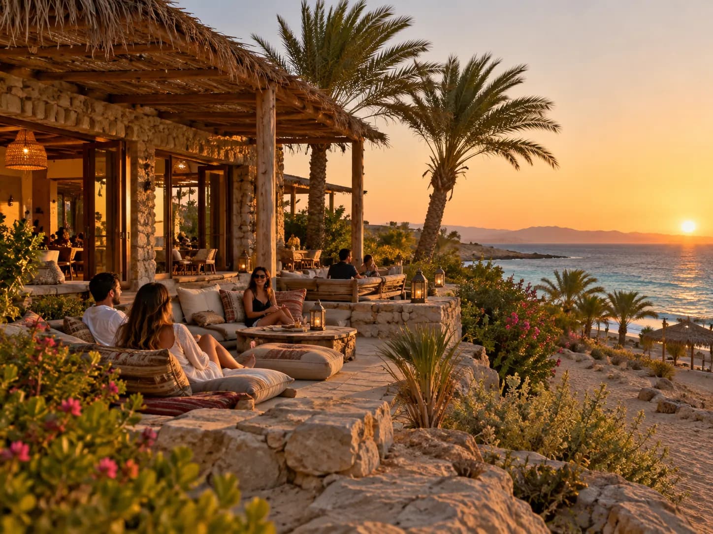 The terrace of an eco-lodge by the sea at sunset