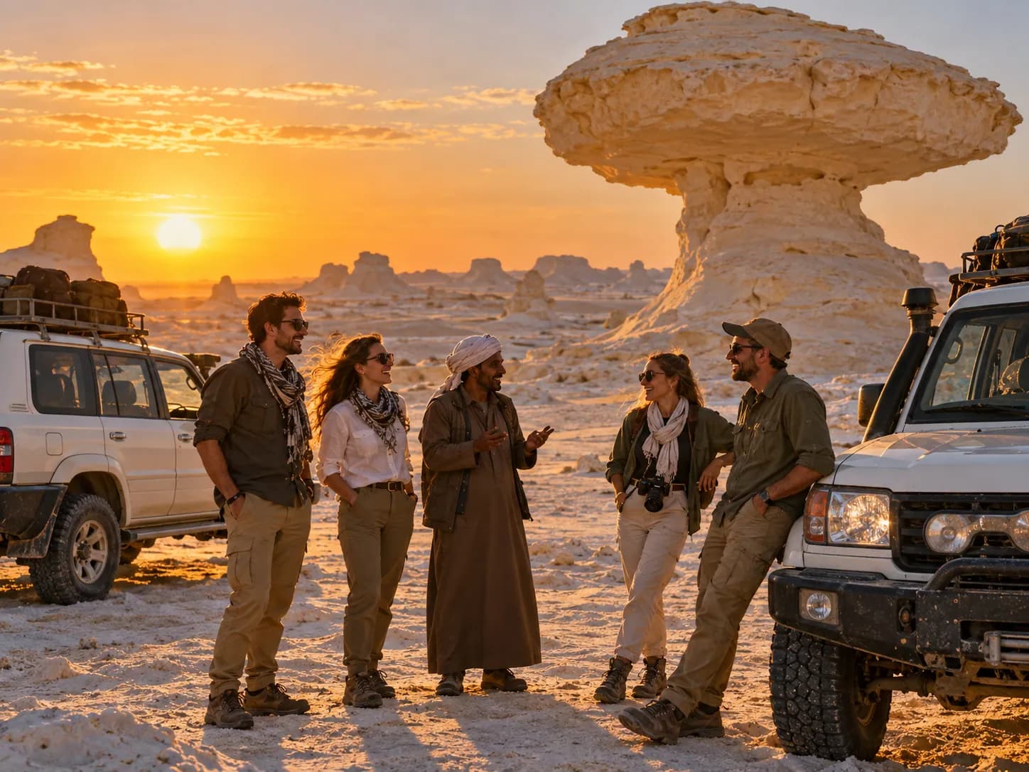 Arriving by a mushroom-shaped chalk rock at sunset