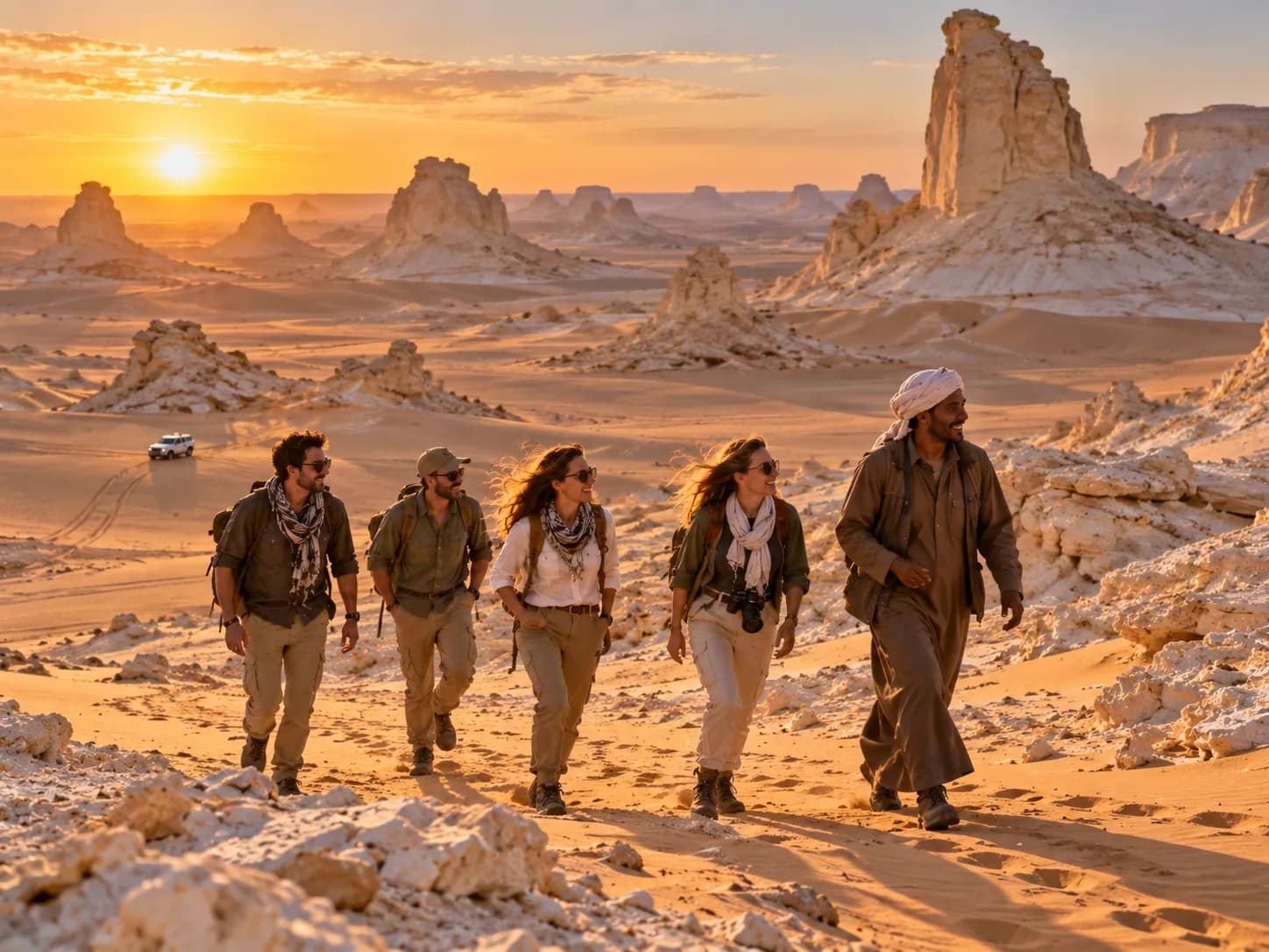 Walking among the Agabat rock towers at golden hour
