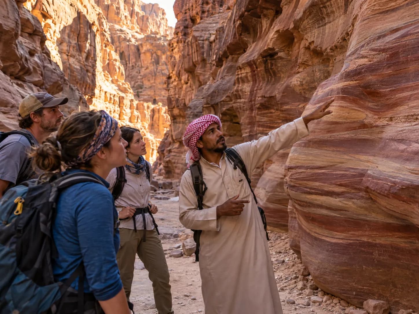 A Bedouin guide pointing out the rock layers in the canyon