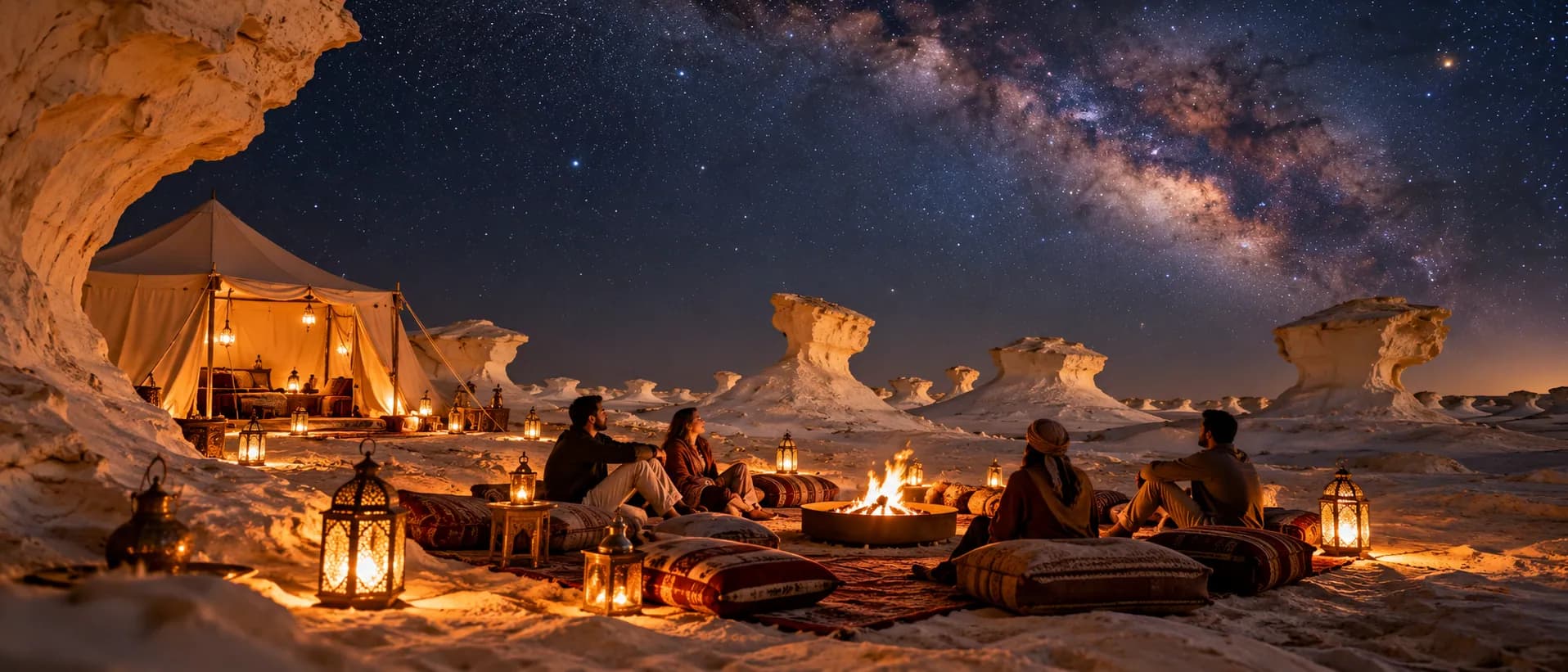 A lantern-lit camp among the White Desert chalk formations under the Milky Way