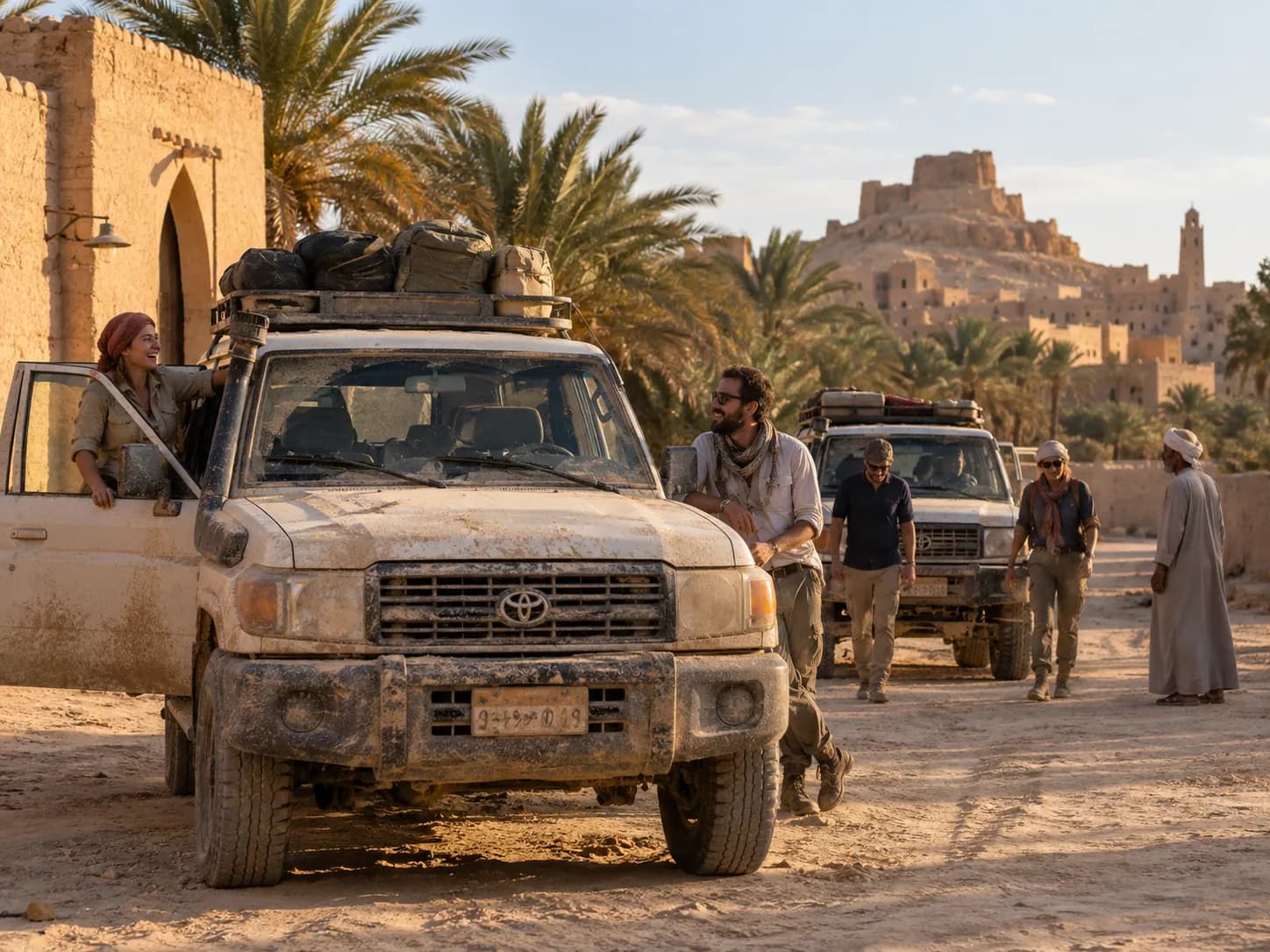 4×4s on an oasis road below the old town