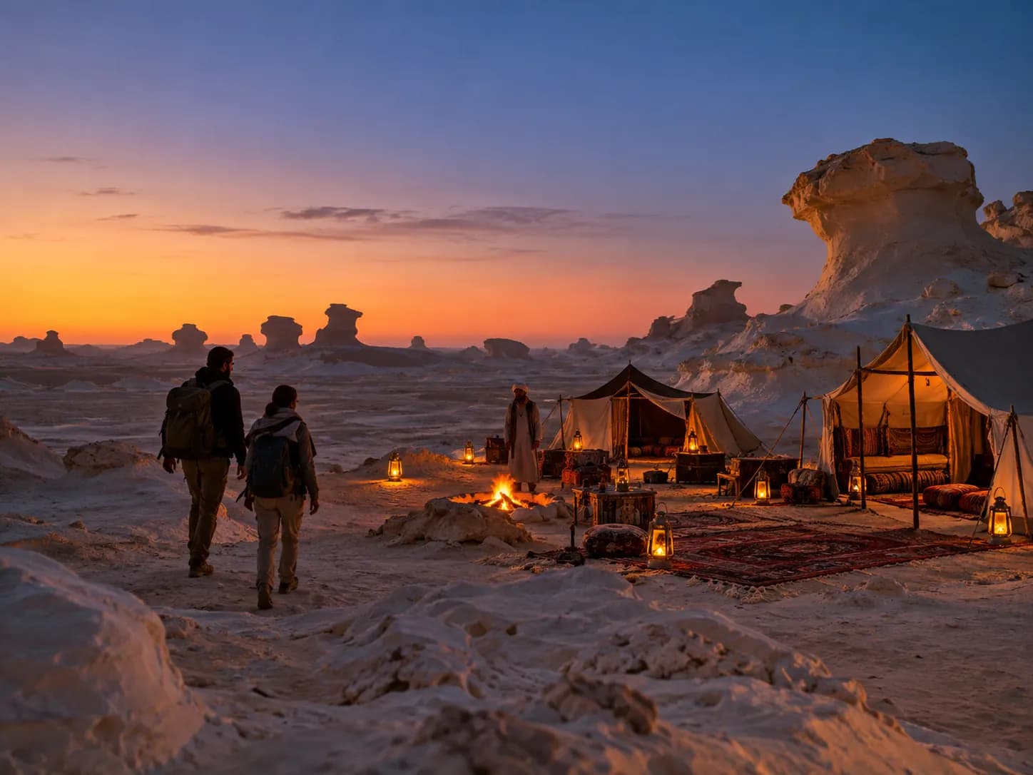 Walking into the White Desert camp at dusk