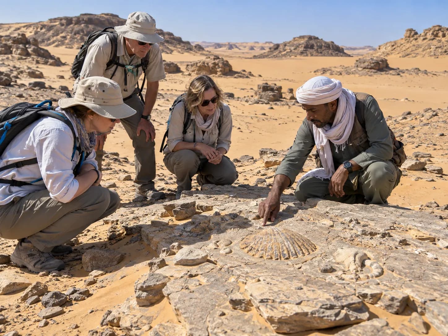 Looking at fossil shells on a stop in the Sand Sea