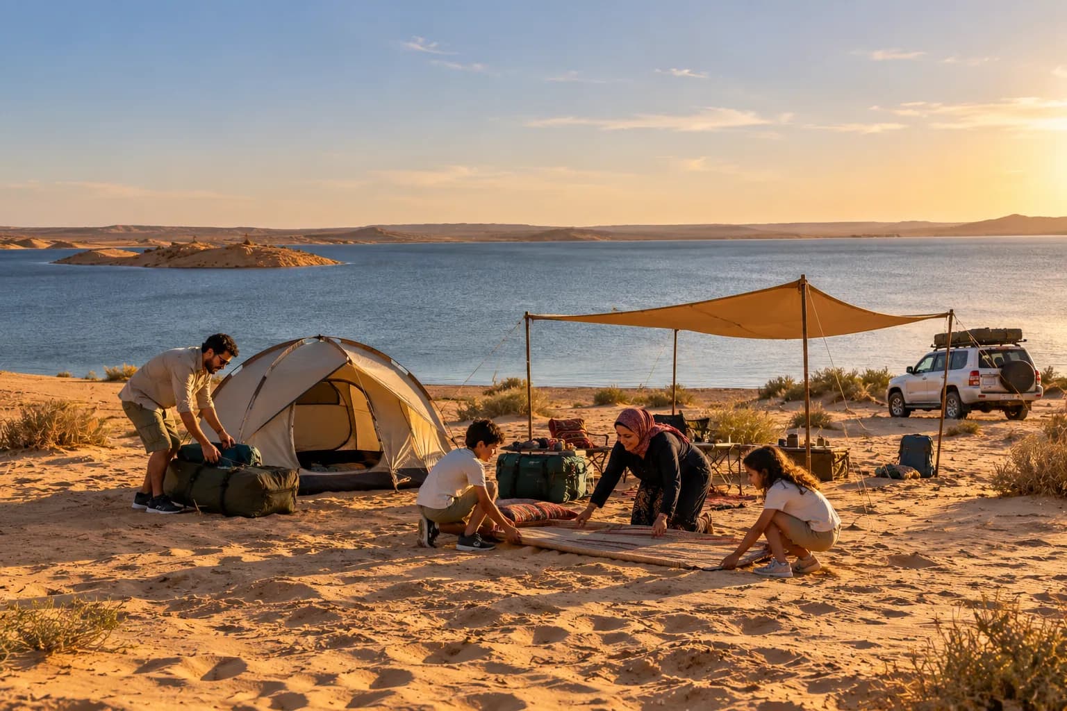 Setting up tents between the dunes and the lake