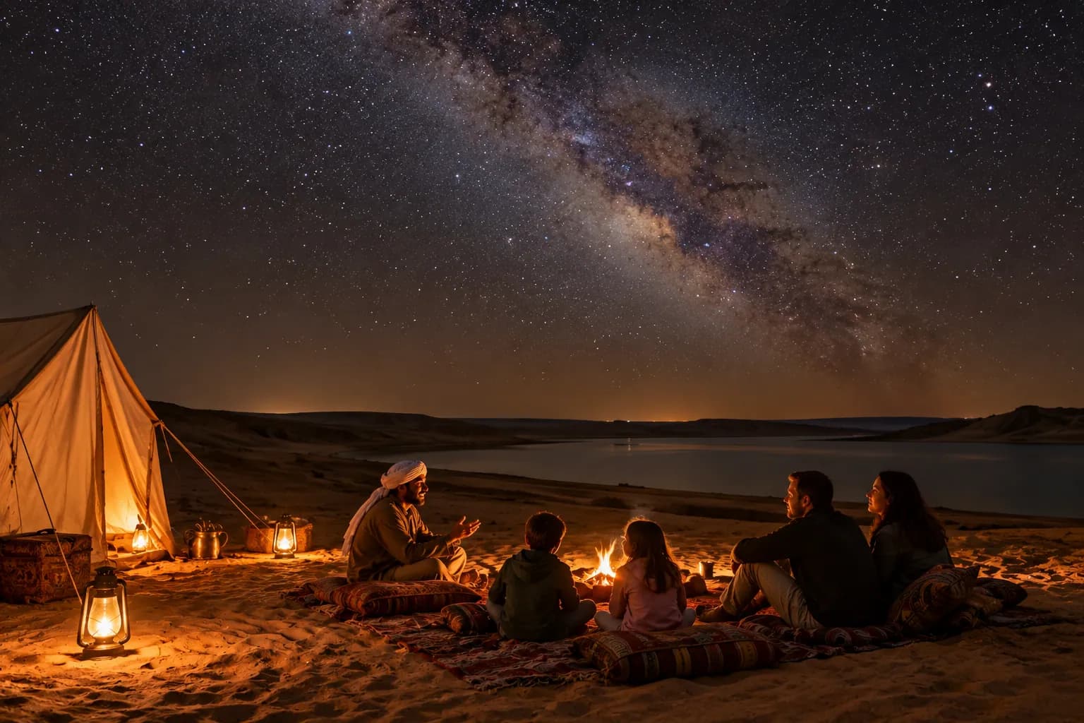 The Milky Way over the tents and campfire
